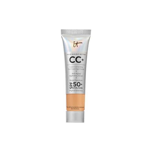 IT Cosmetics CC+ Cream Travel (Tan Warm) - Natural Full Coverage Foundation With SPF 50+, Color Corrector & Anti-Aging Hydrating Serum, Hyaluronic Acid + Peptides, Up To 24H Wear - 0.4 fl oz