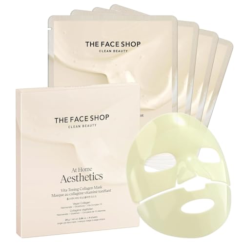 THE FACE SHOP Vita-Toning Vegan Collagen Face Mask, Korean Glass Skin Essential, Hydrogel Mask for Moisturizing & Skin Elasticity, Improves Uneven Tone, 4EA