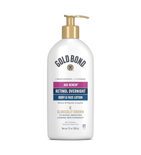 Gold Bond Age Renew Retinol Overnight Body & Face Lotion, 13 Oz, Anti-Aging Moisturizer for Visibly Plumper, Smoother Skin, 24-HR Hydration, Non-Irritating, Non-Greasy, Dermatologist-Tested, Unscented
