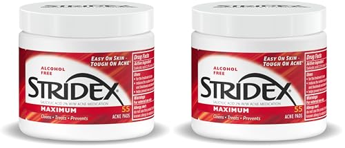 Stridex Medicated Acne Pads, Maximum – Facial Cleansing Wipes, Alcohol Free, Acne's Treatment for Face, For Moderate Acne, Smooth Application, 55 Count (Pack of 2)