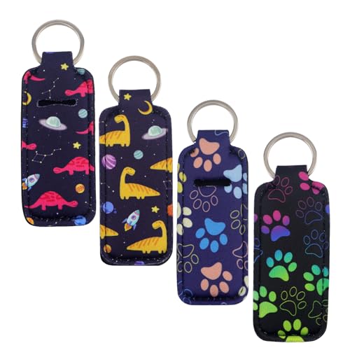 BKBKAAK 4 Pcs Cute Animal Lip Balm Holder Keychain for Lipstick, Elastic Fabric Lipstick or Lip Gloss Sleeves Holder, Dinosaur & Paw Pattern Lip Balm Key Chain for Women, Girls, Nurse