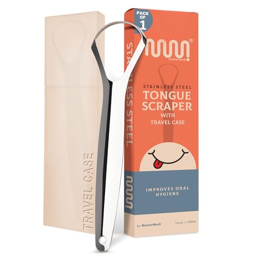 MasterMedi Tongue Scraper for Adults, 100% Stainless Steel Tongue Scrubber for Bad Breath, Easy to Use, Tongue Cleaner for Oral Care & Hygiene (SPTC-1|with Case)