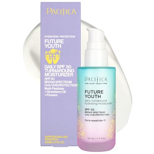 Pacifica Peptide Face Moisturizer Future Youth Daily Turnaround Hydrating, SPF 50 Broad Spectrum, UVA/UVB Sun Protection, Sunscreen, Face Moisturizer, Anti-Aging, Vegan, 1.7 fl oz (1 Count)
