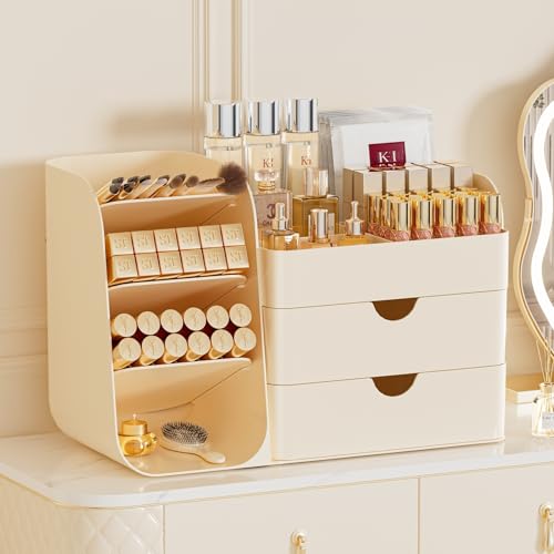 KQJS Makeup Organizer with Drawers, Large Capacity Countertop Organizer for Vanity, Bathroom and Bedroom Desk Cosmetics Organizer, Easy To Storage Skincare,Brushes, Eyeshadow,Lipstick (All Cream)