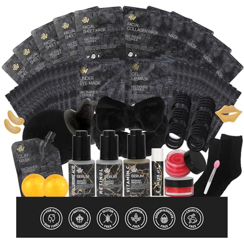 55 Pcs Mothers Day Gift for Mom, Charcoal Face Sheet Mask Pack for Women & Men, Hydrating Skin Care Set, Self Care Home Spa Basket Gift Set, Hyaluronic Acid Serum, Birthday, Christmas