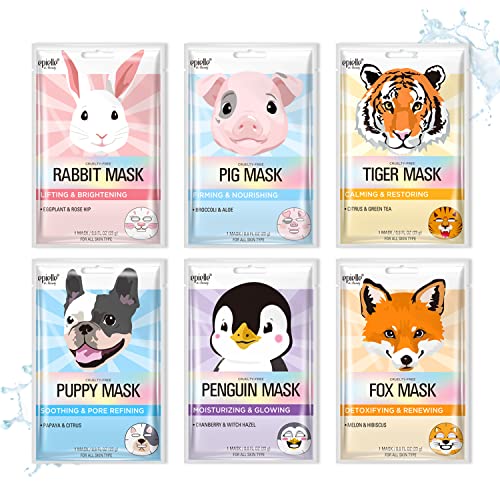 Epielle Character Face Mask Fuzzy Friends 6 Pack, Fun & Effective Korean Skin Care, Spa Party Favors, Birthday Gifts for Women, Self Care Gifts