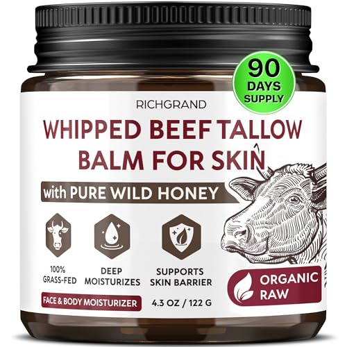 RICHGRAND Beef Tallow for Skin - Whipped Tallow and Honey Balm - Grass Fed Beef Tallow for Face, Daily Moisturizer & Body Butter - Natural Non Comedogenic Skincare (4.3 oz)
